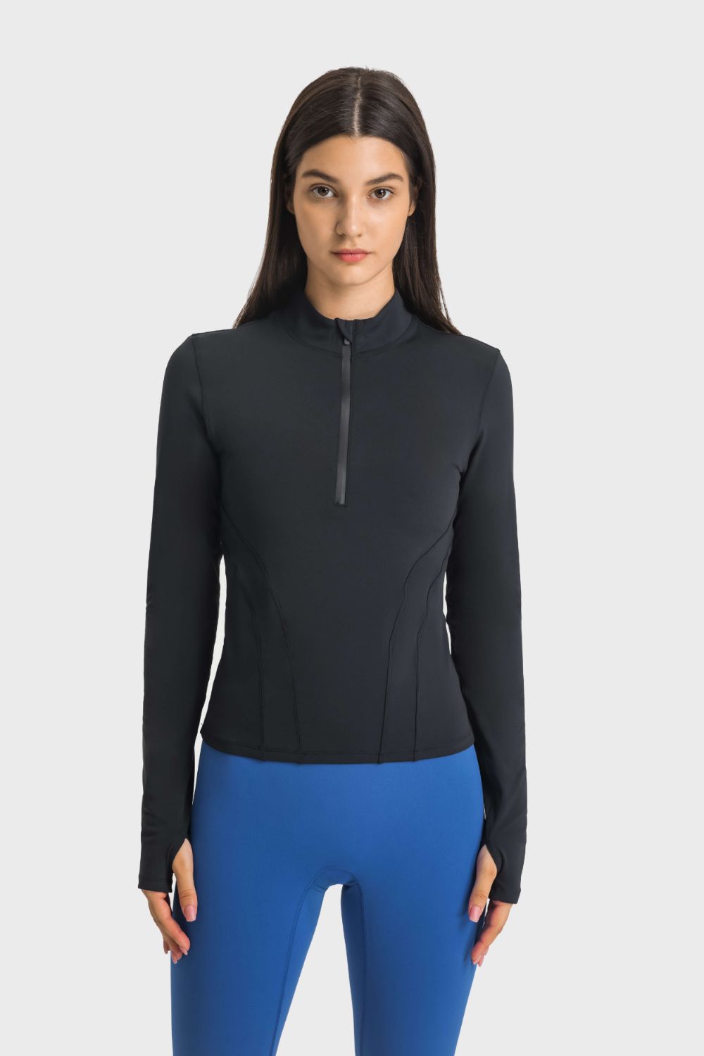 Half Zip Thumbhole Sleeve Sports Top - Babbazon Tops