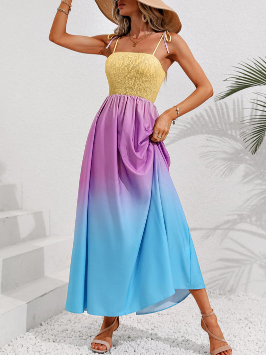 Color Block Tie Shoulder Smocked Maxi Dress 