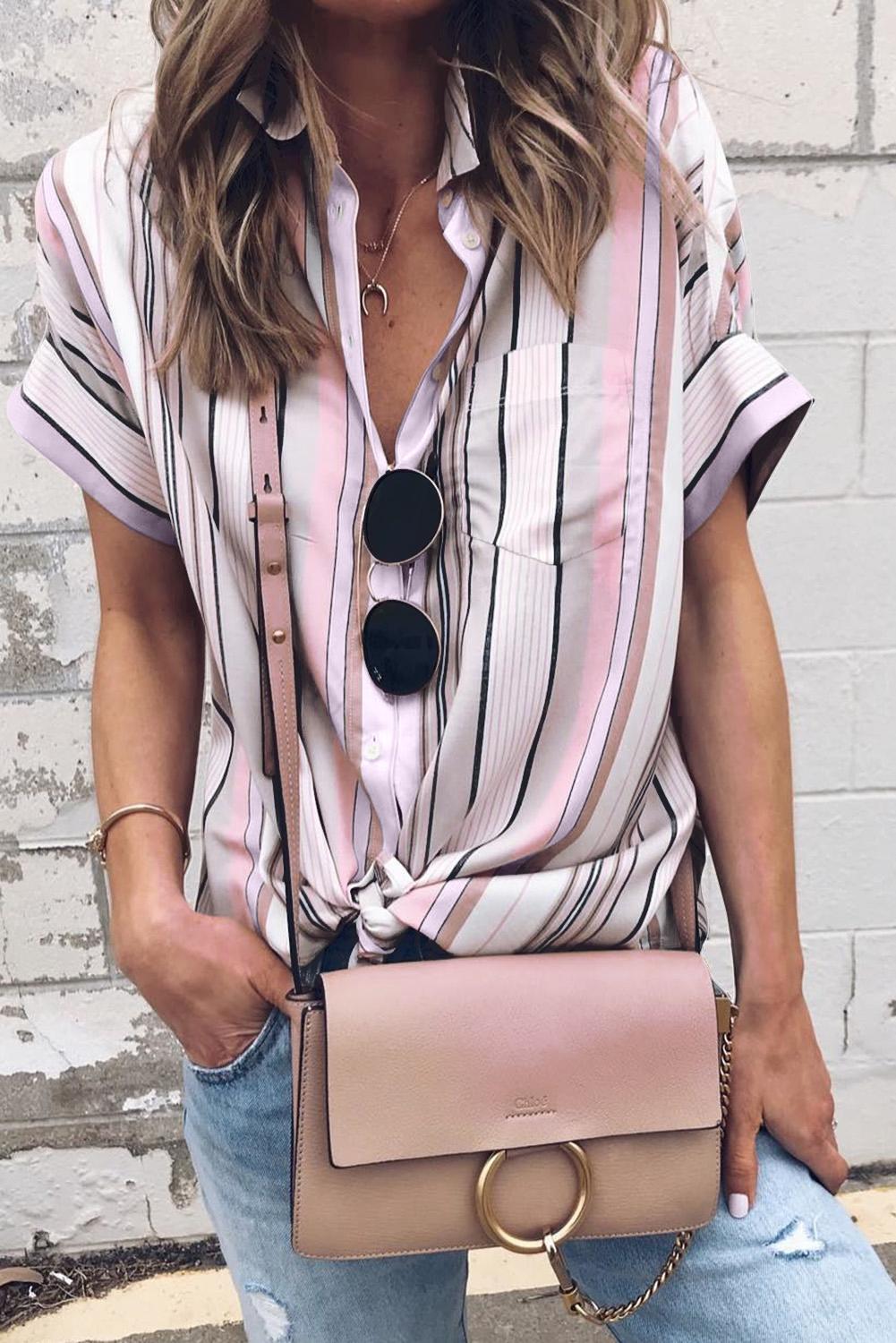 Striped Collared Neck Button-down Pocketed Top 