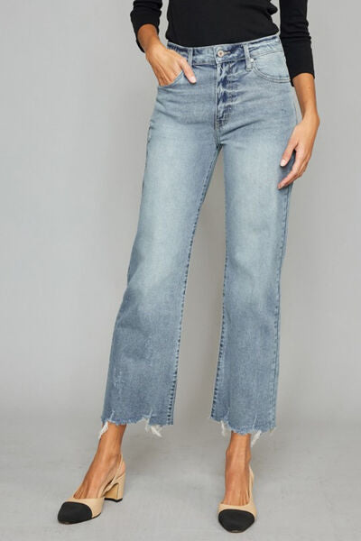 Kancan High Waist Raw Hem Cropped Wide Leg Jeans - Babbazon