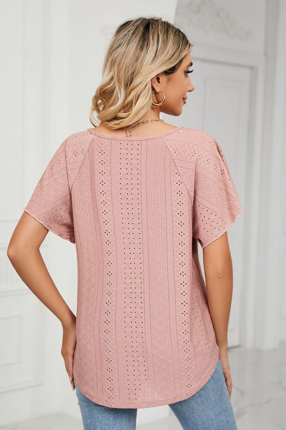 Eyelet Tie-Neck Flutter Sleeve Top 