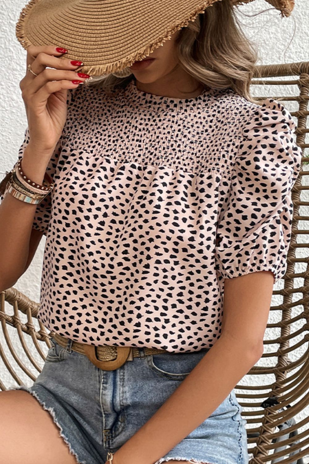 Printed Smocked Puff Sleeve Blouse 