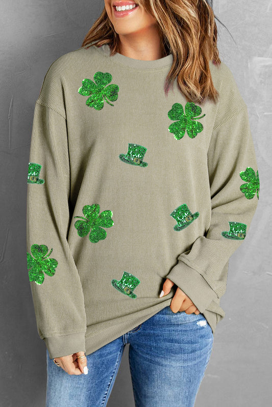 Lucky Clover Sequin Round Neck Sweatshirt - Babbazon sweatshirt