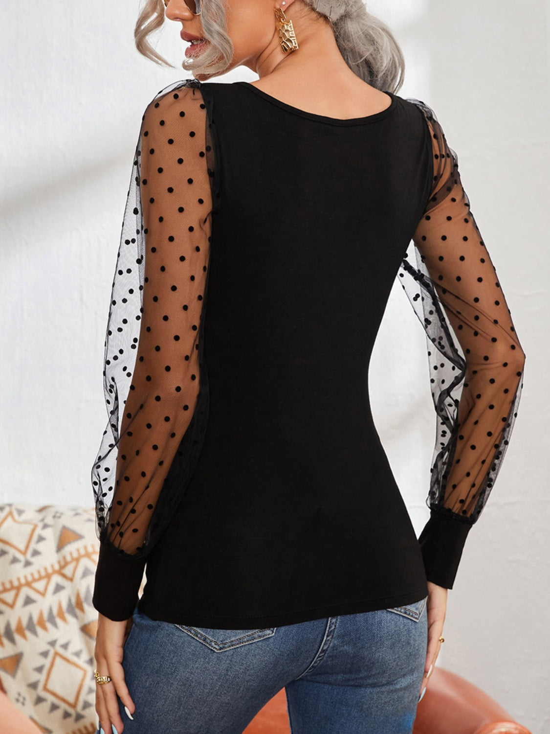 Square Neck Polka Dot Long Sleeve T-Shirt 