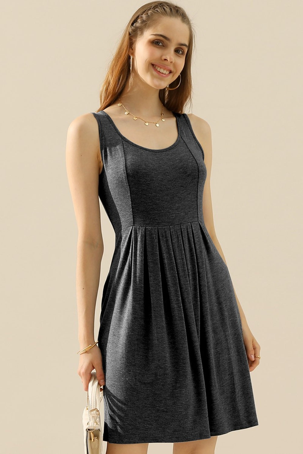 Doublju Full Size Round Neck Ruched Sleeveless Dress with Pockets 