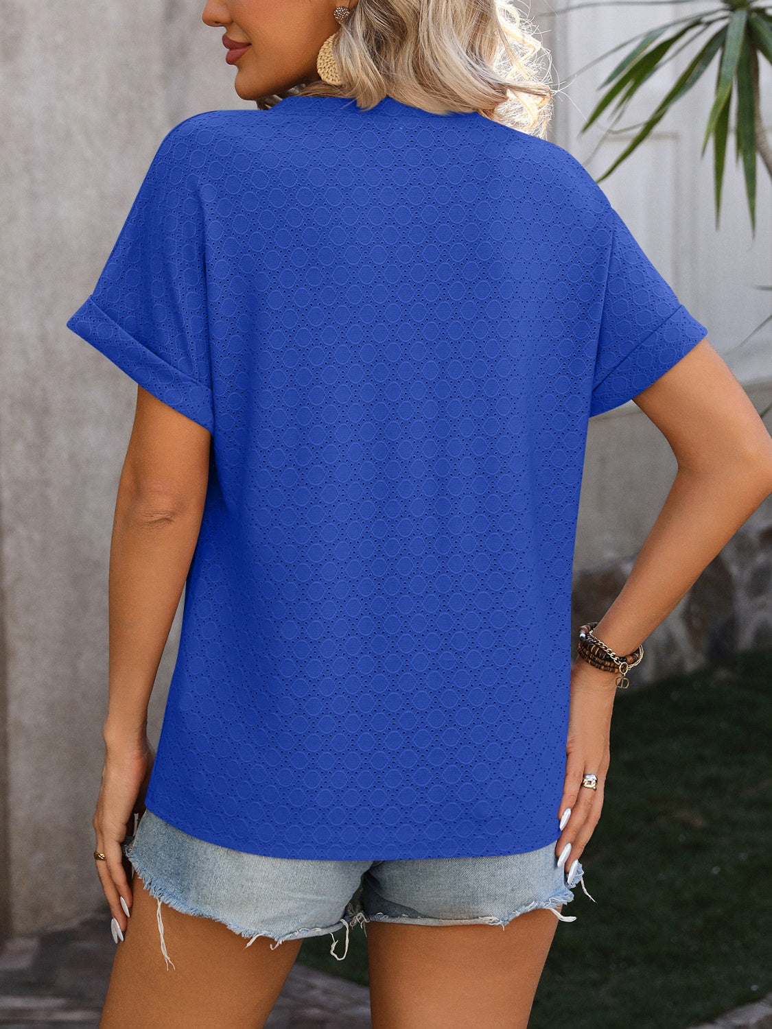 Eyelet Notched Short Sleeve T-Shirt 