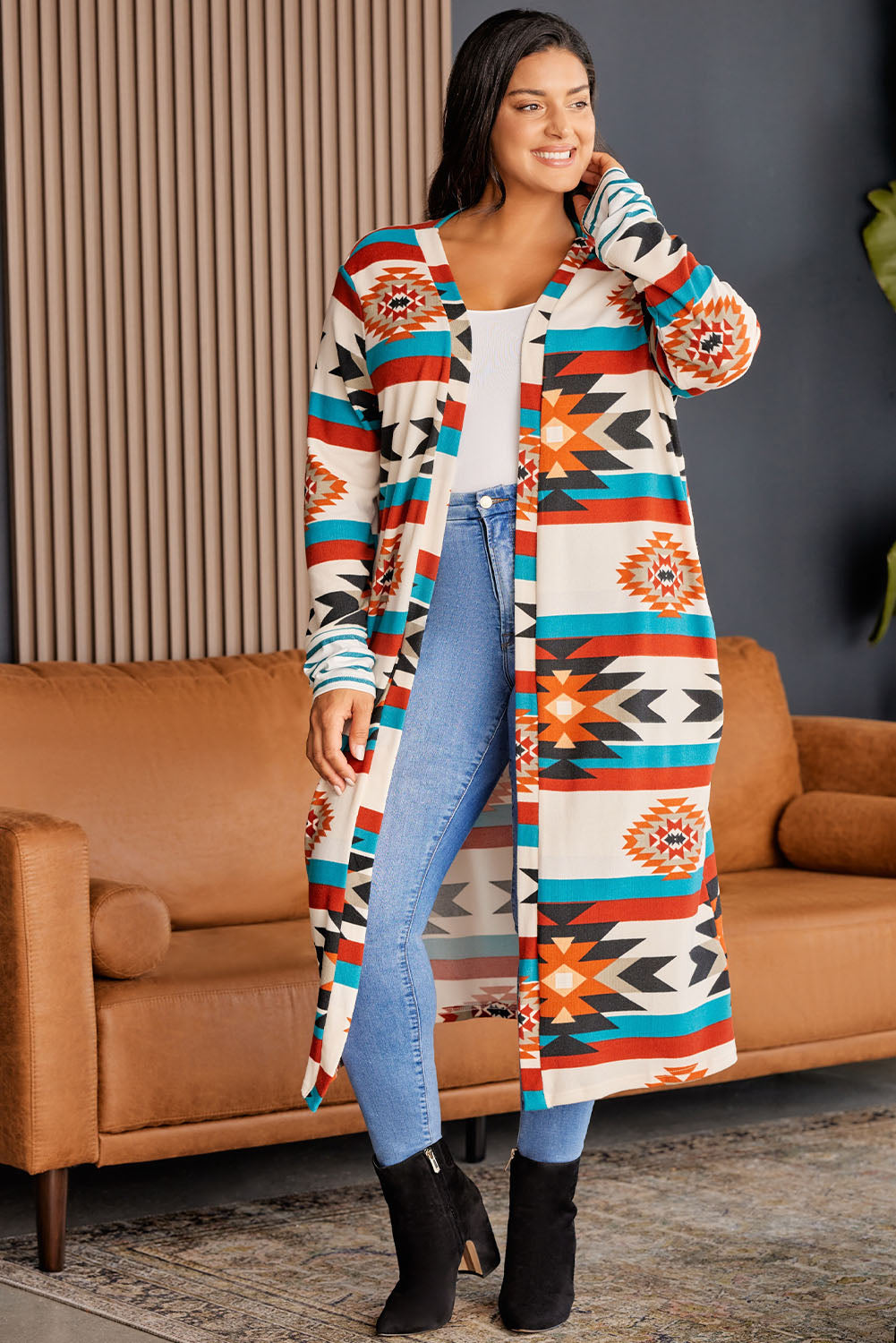 Plus Size Geometric Open Front Longline Cardigan 