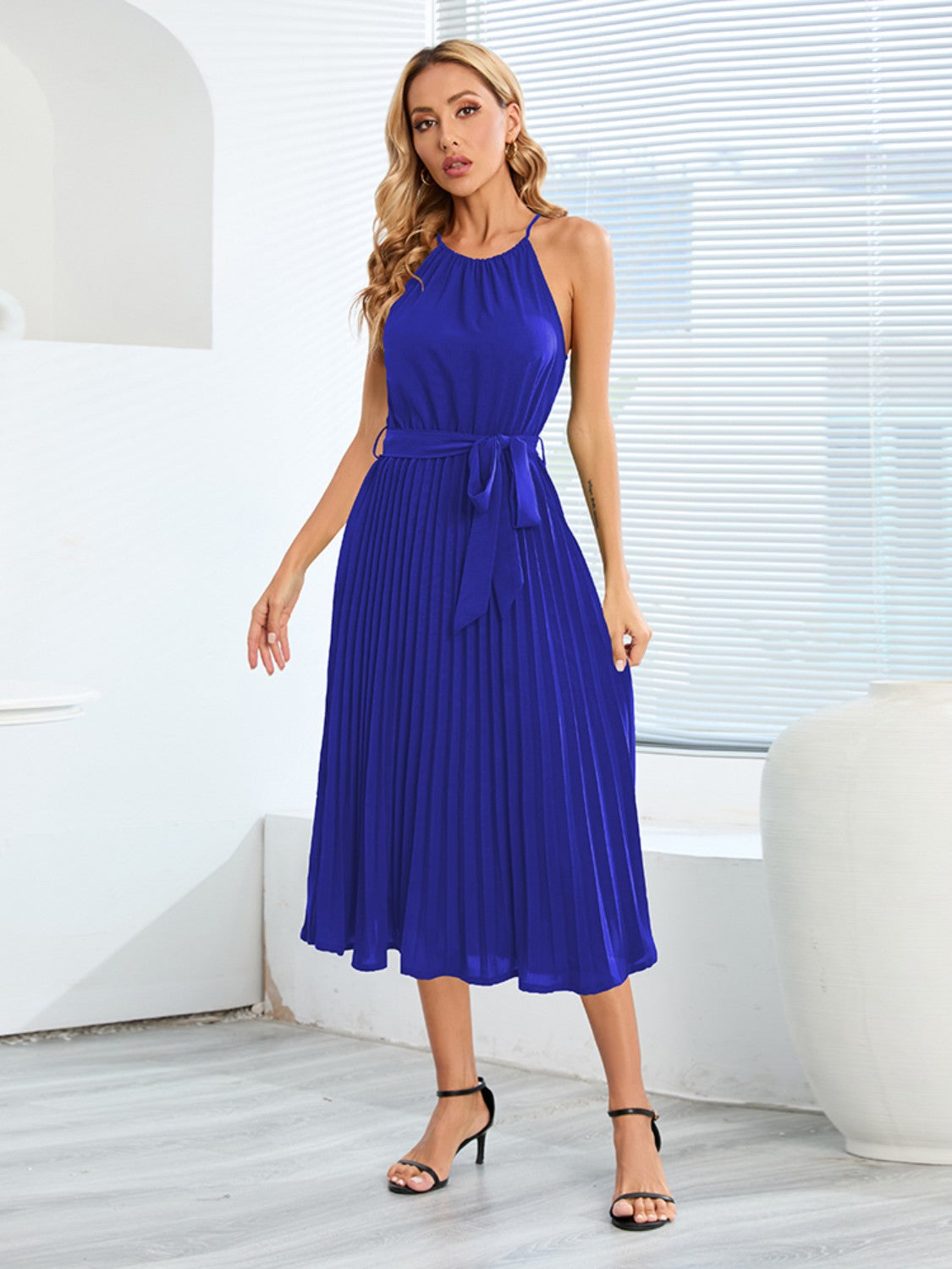 Pleated Spaghetti Strap Tie Waist Midi Dress 