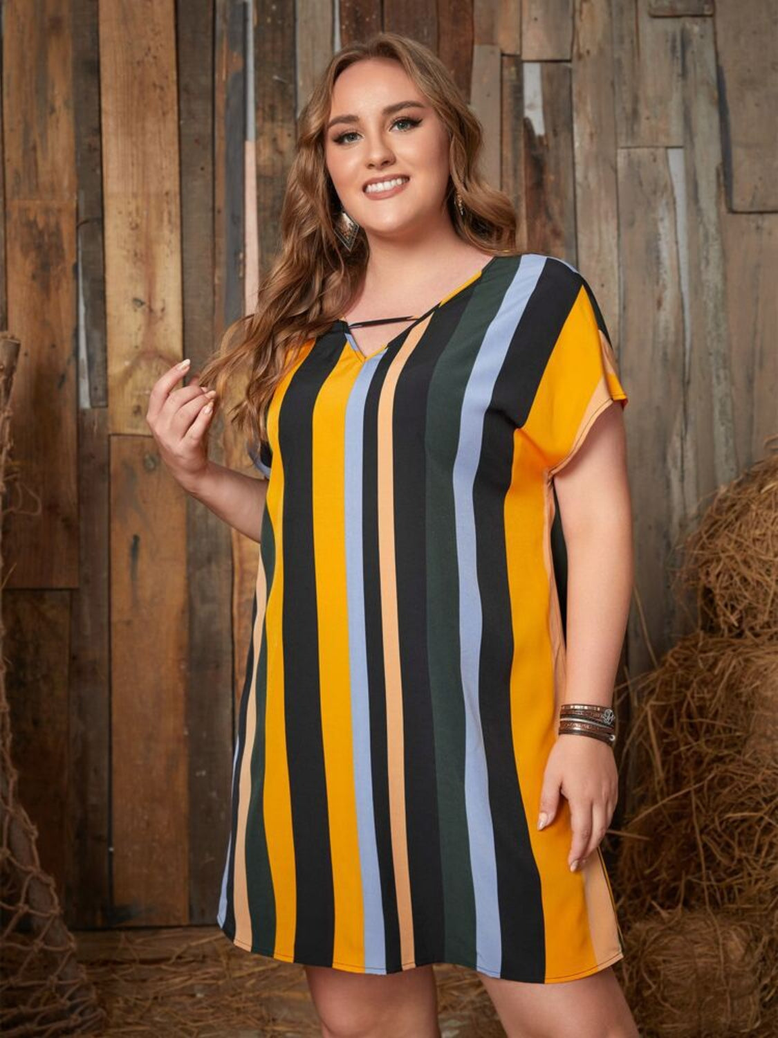 Plus Size Striped Short Sleeve Mini Dress 