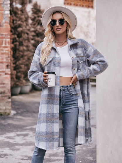 Plaid Dropped Shoulder Slit Coat 