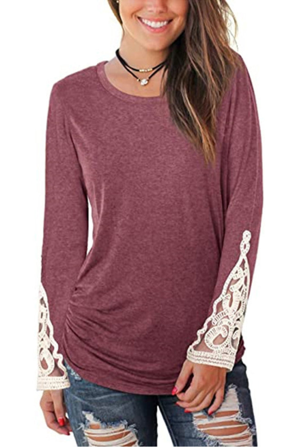 Lace Detail Long Sleeve Round Neck T-Shirt