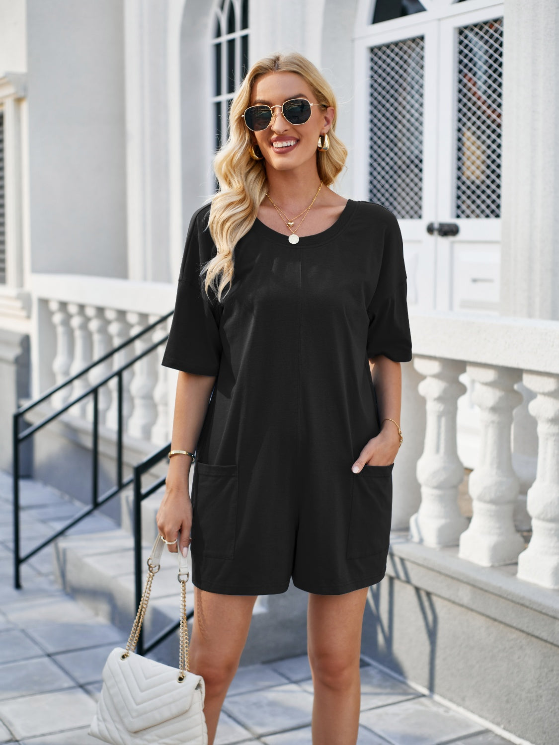 Backless Pocketed Round Neck Half Sleeve Romper 