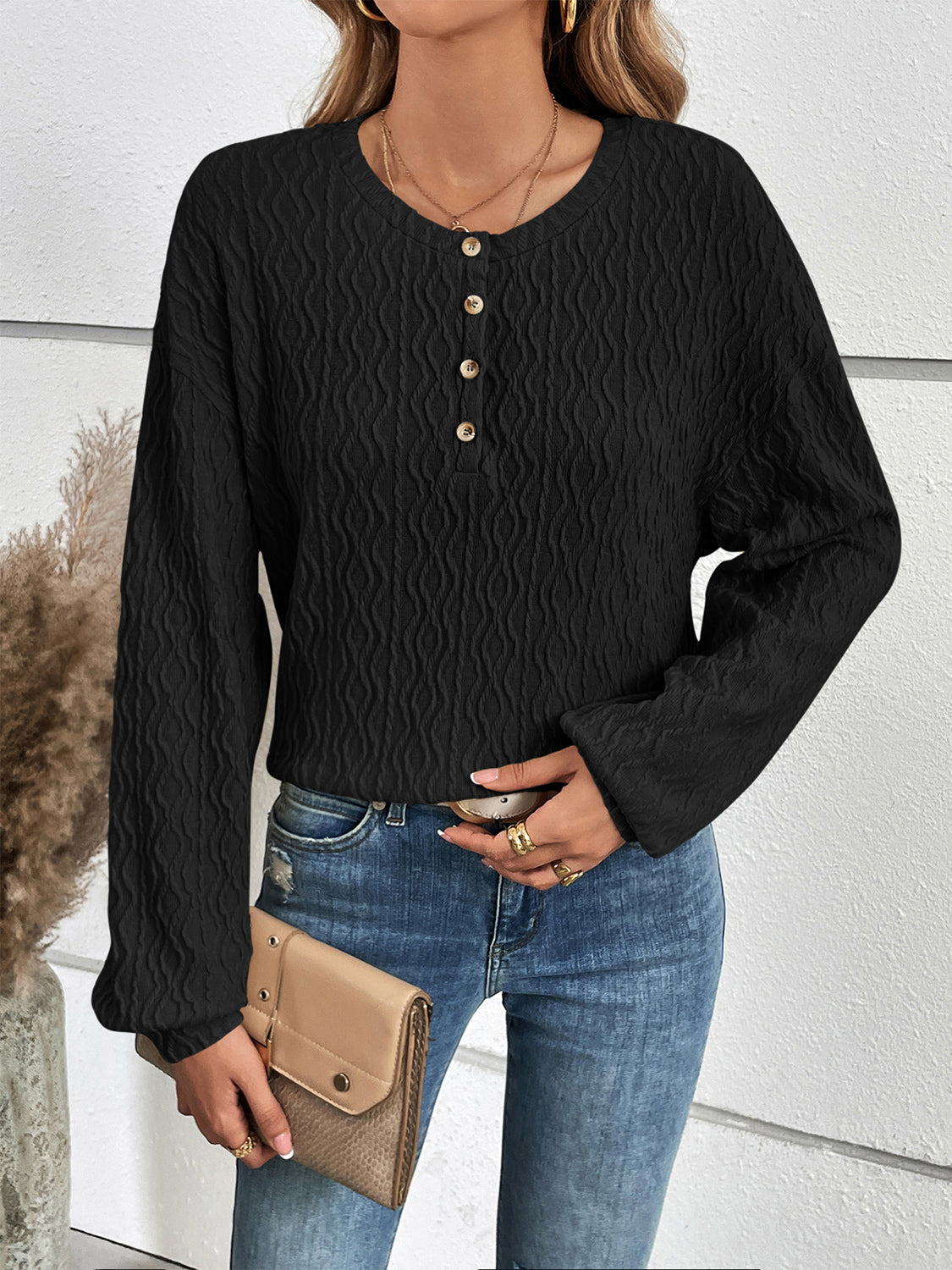 Half Button Long Sleeve Top 