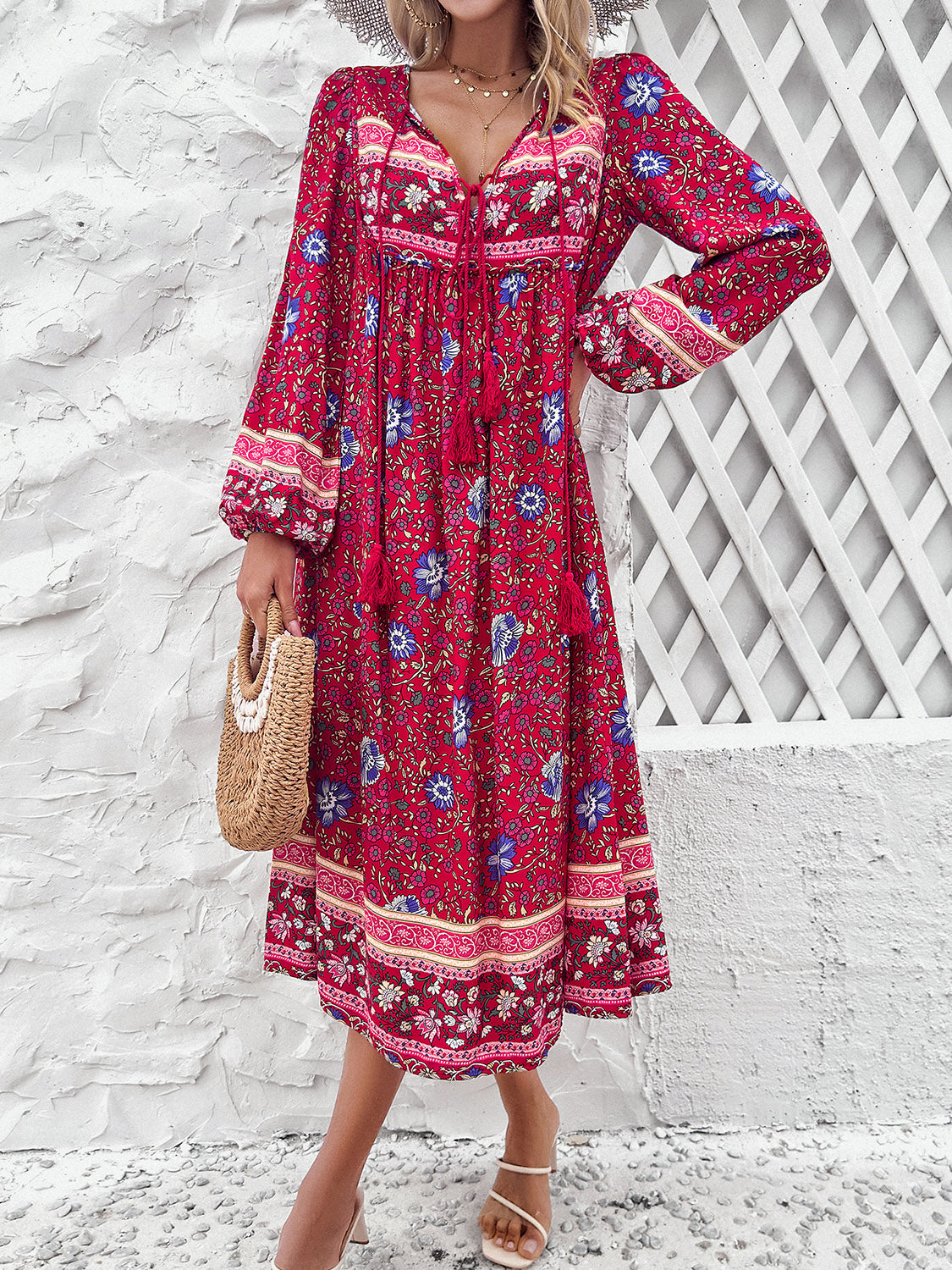 Tassel Tied Printed Long Sleeve Dress 