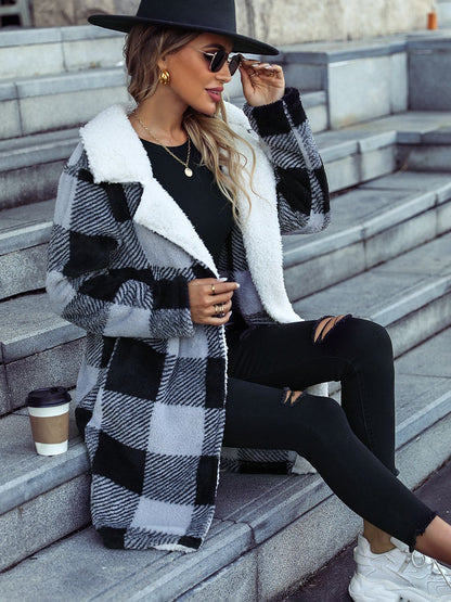 Plaid Open Front Coat with Pockets 