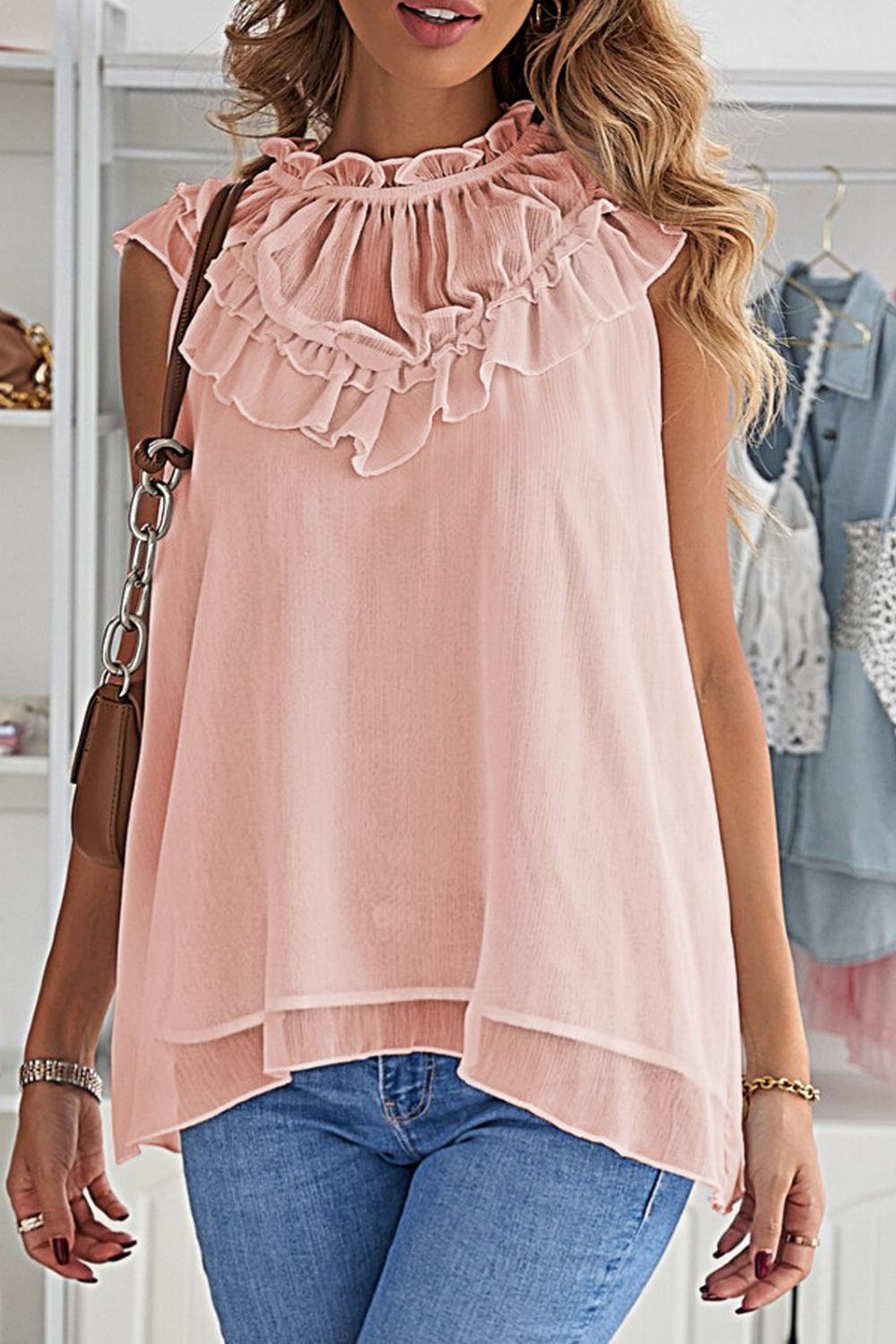 Ruffled Tulle Sleeveless Top - Babbazon Tops