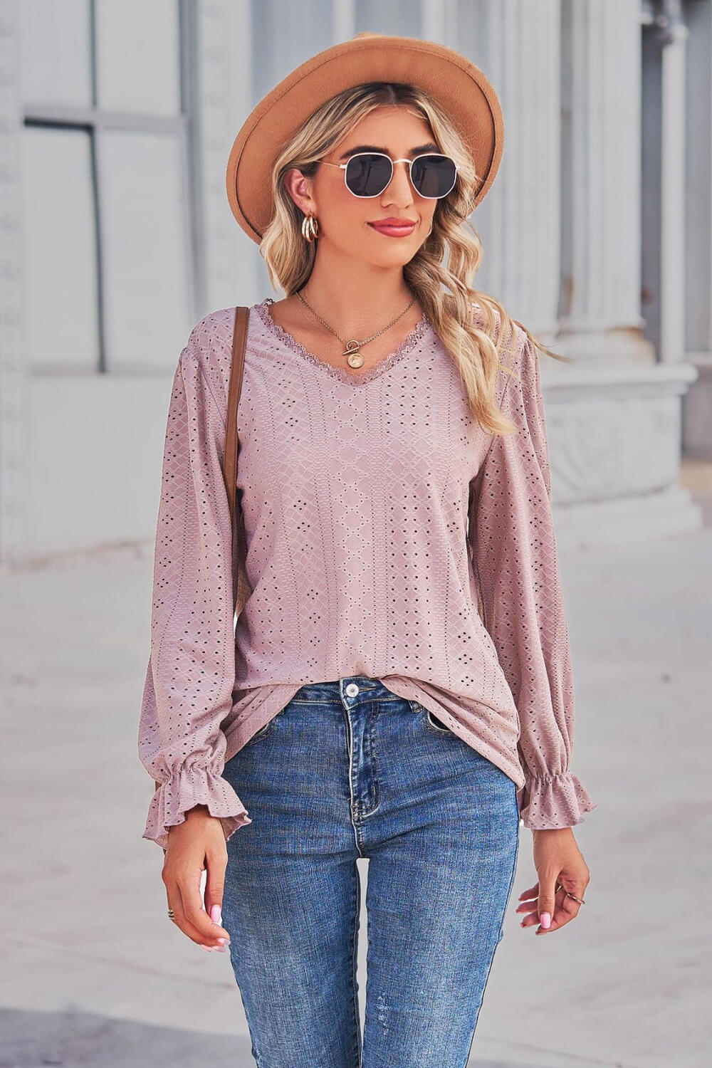 Lace Trim V-Neck Flounce Sleeve Top 