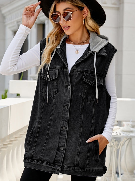 Drawstring Pocketed Button Up Sleeveless Denim Jacket 