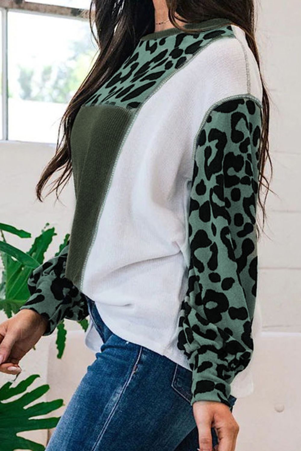 Leopard Color Block Exposed Seam Blouse 