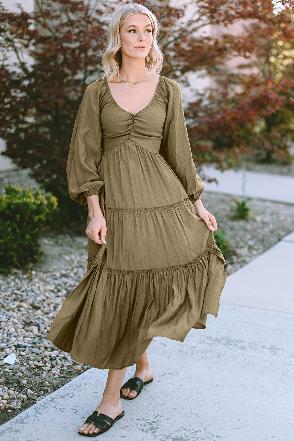 Ruched V-Neck Balloon Sleeve Tiered Dress 