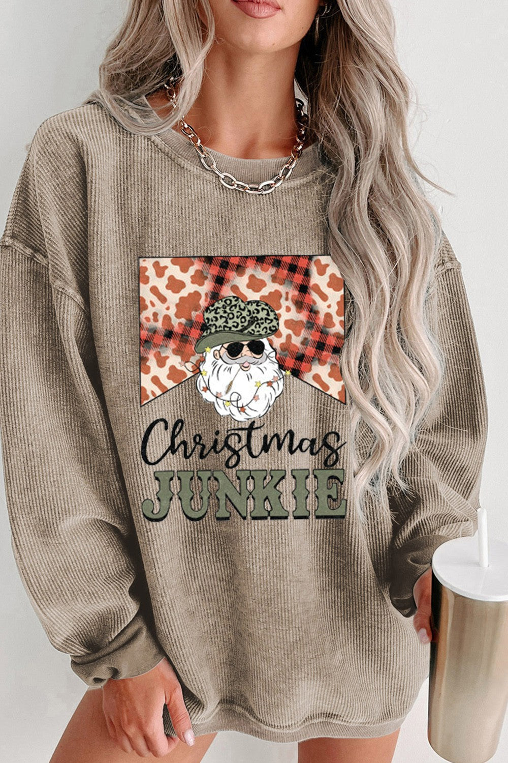 CHRISTMAS JUNKIE Ribbed Round Neck Sweatshirt - Babbazon sweatshirt