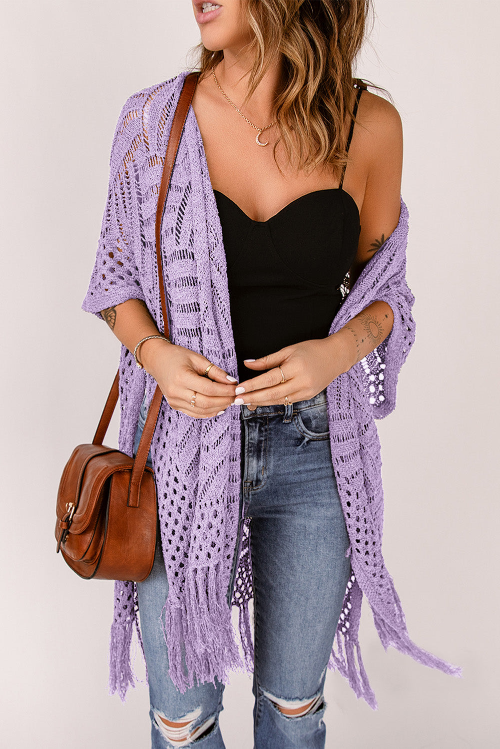 Openwork Open Front Cardigan with Fringes - Babbazon Camisole