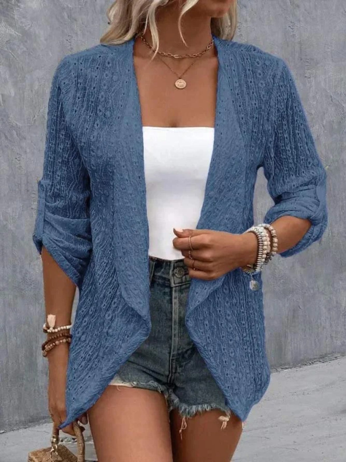 Eyelet Roll-Tab Sleeve Cardigan - Babbazon Camisole