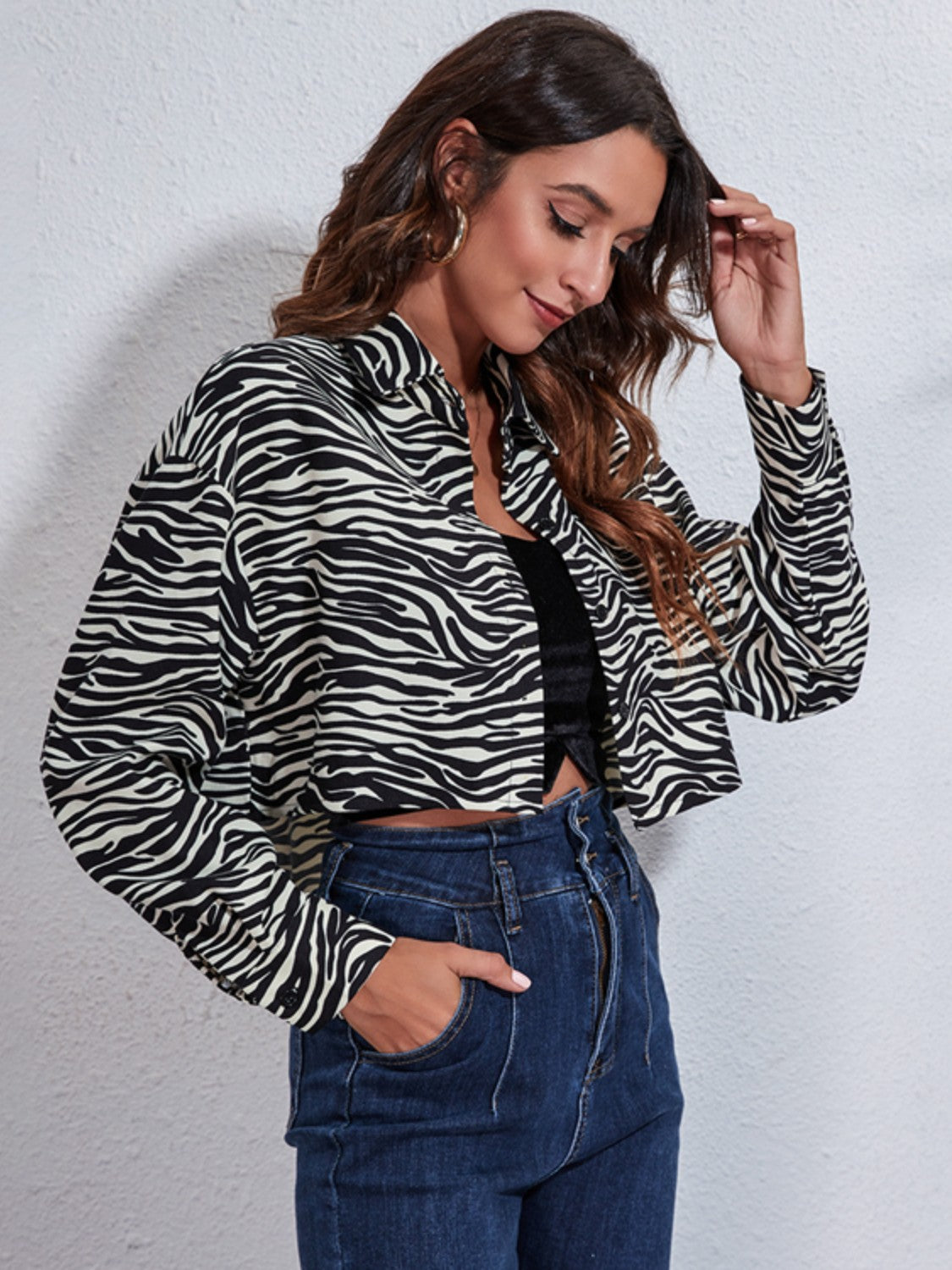 Zebra Print Button Up Collared Neck Cropped Jacket 