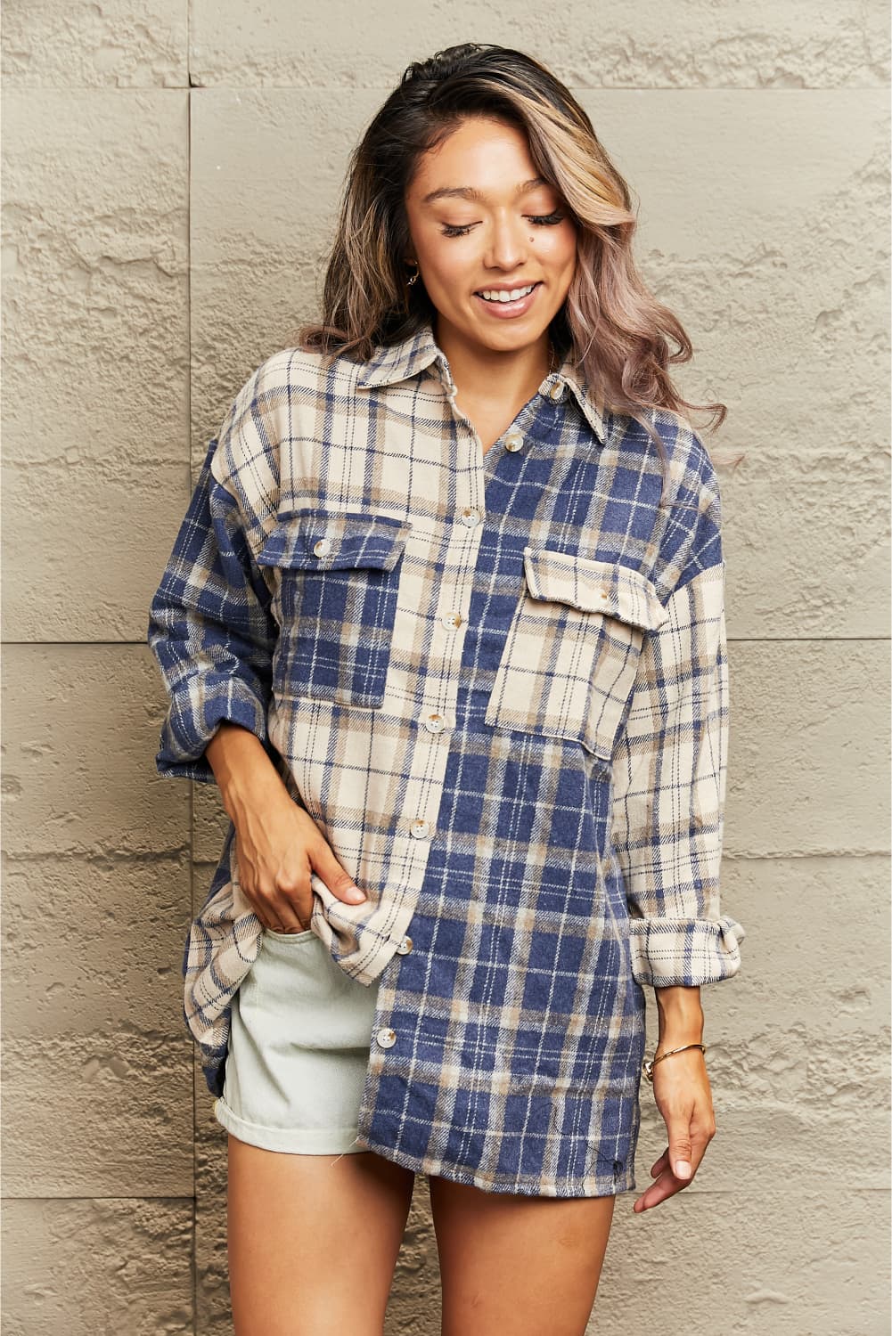 Plaid Dropped Shoulder Shirt Jacket 