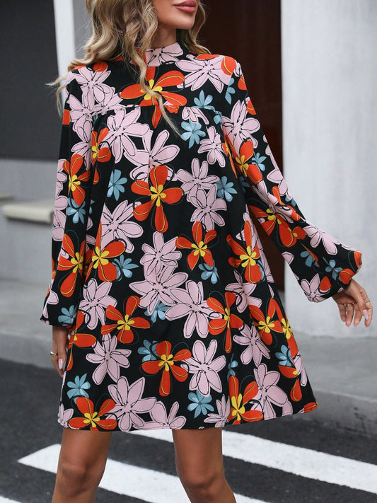 Floral Mock Neck Balloon Sleeve Dress 