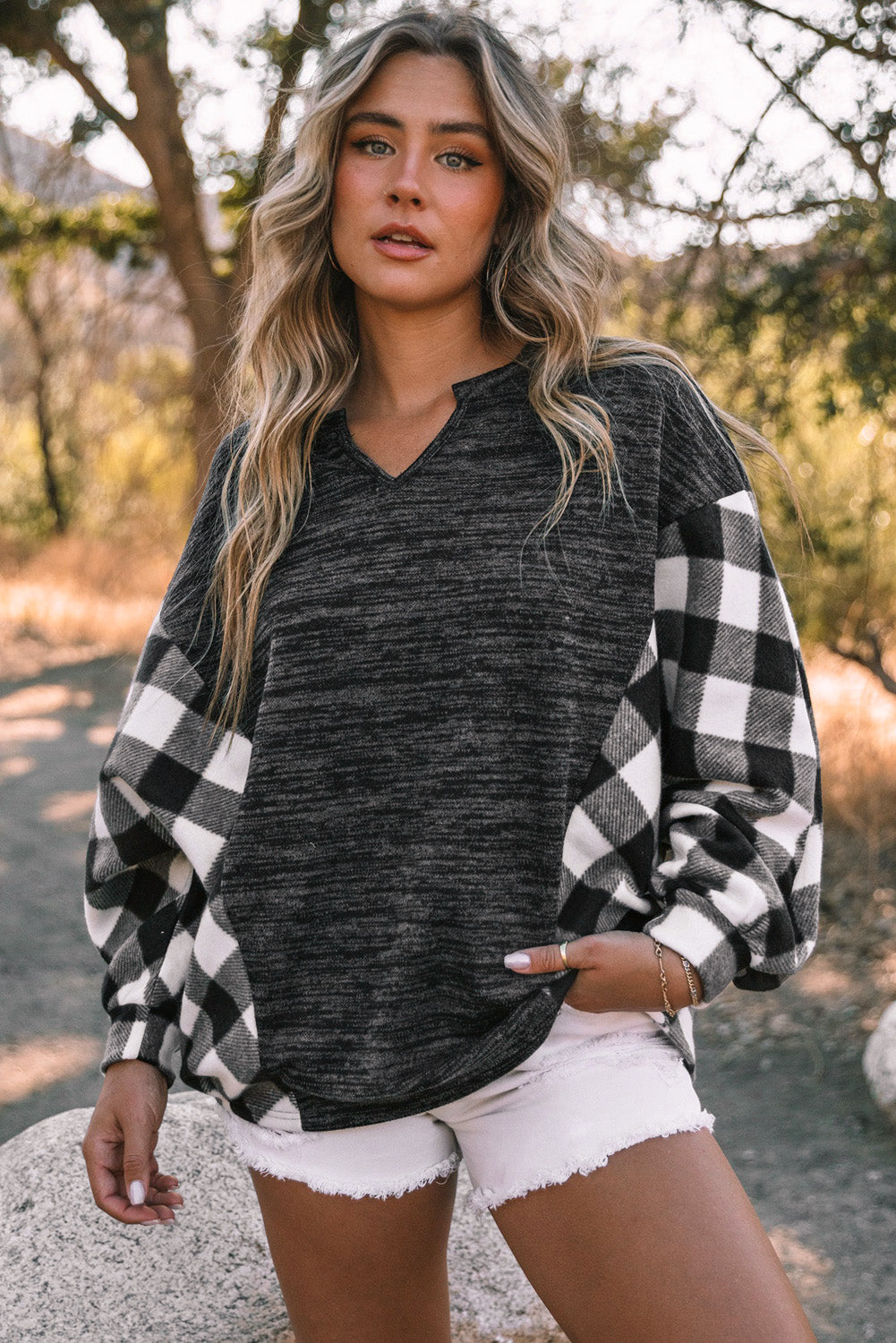 Plaid Notched Neck Top 