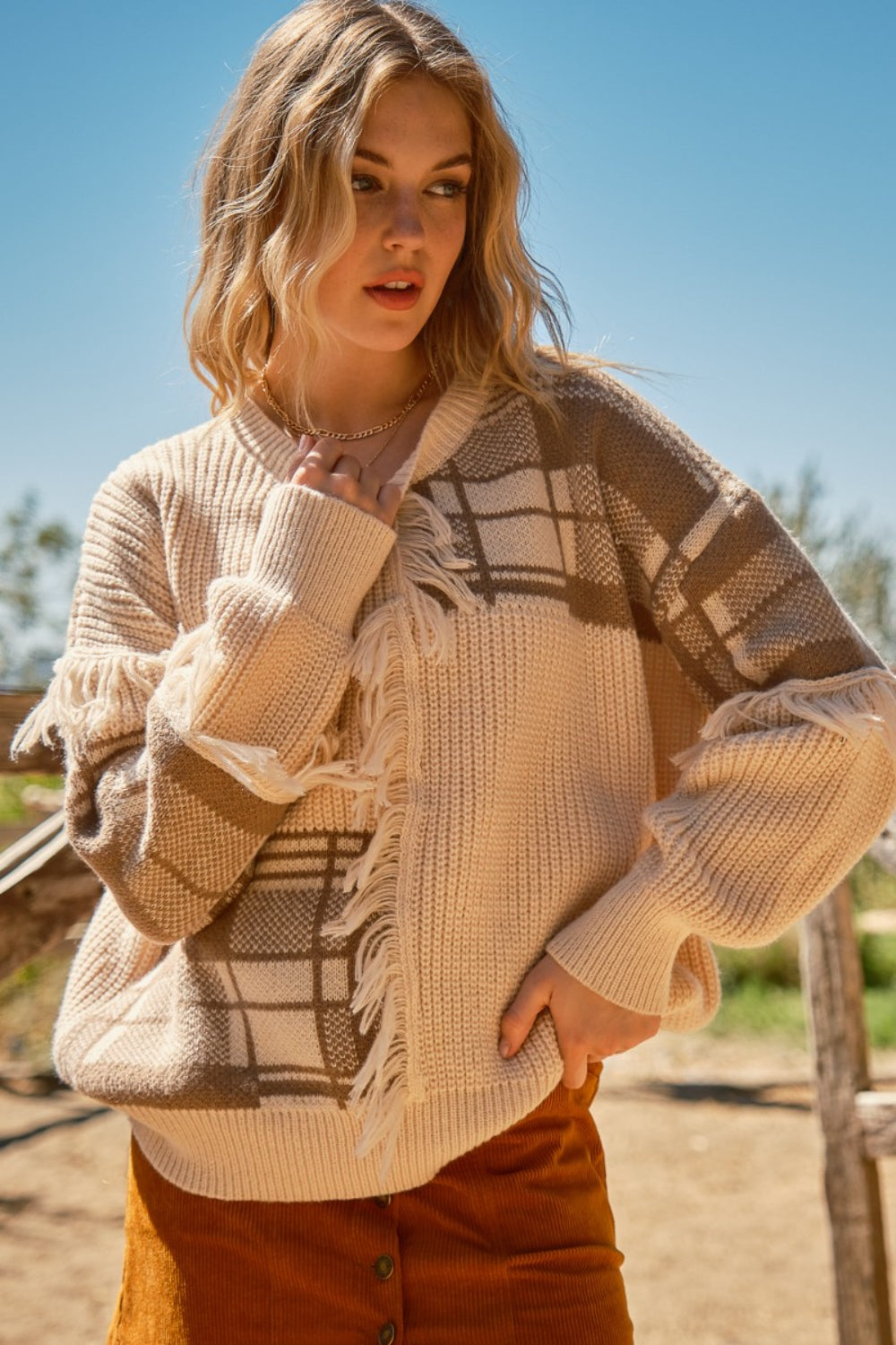 And The Why Plaid Pattern Color Block Fringe Sweater 