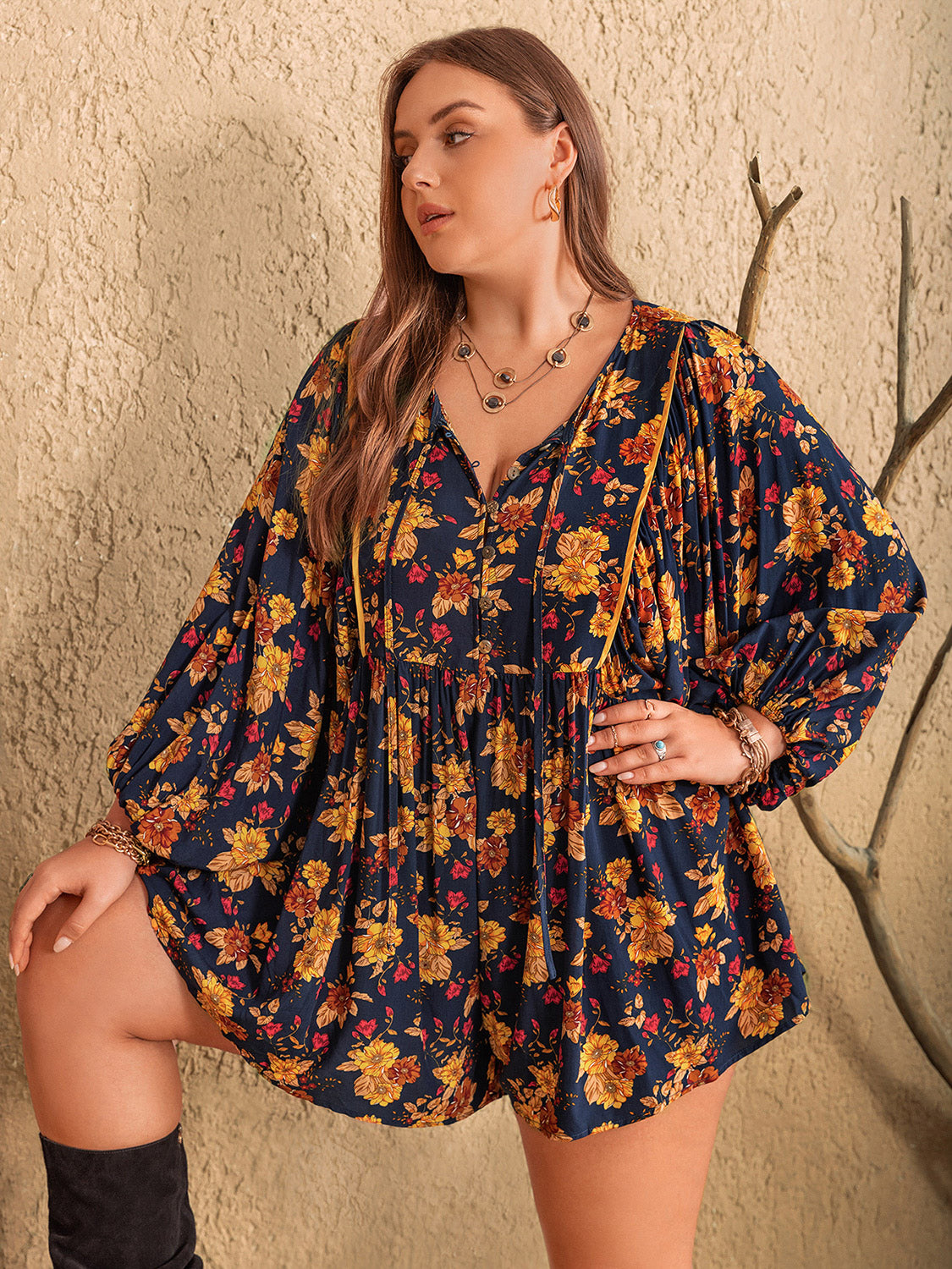 Plus Size Floral Tie Neck Balloon Sleeve Romper - Babbazon jumpsuit