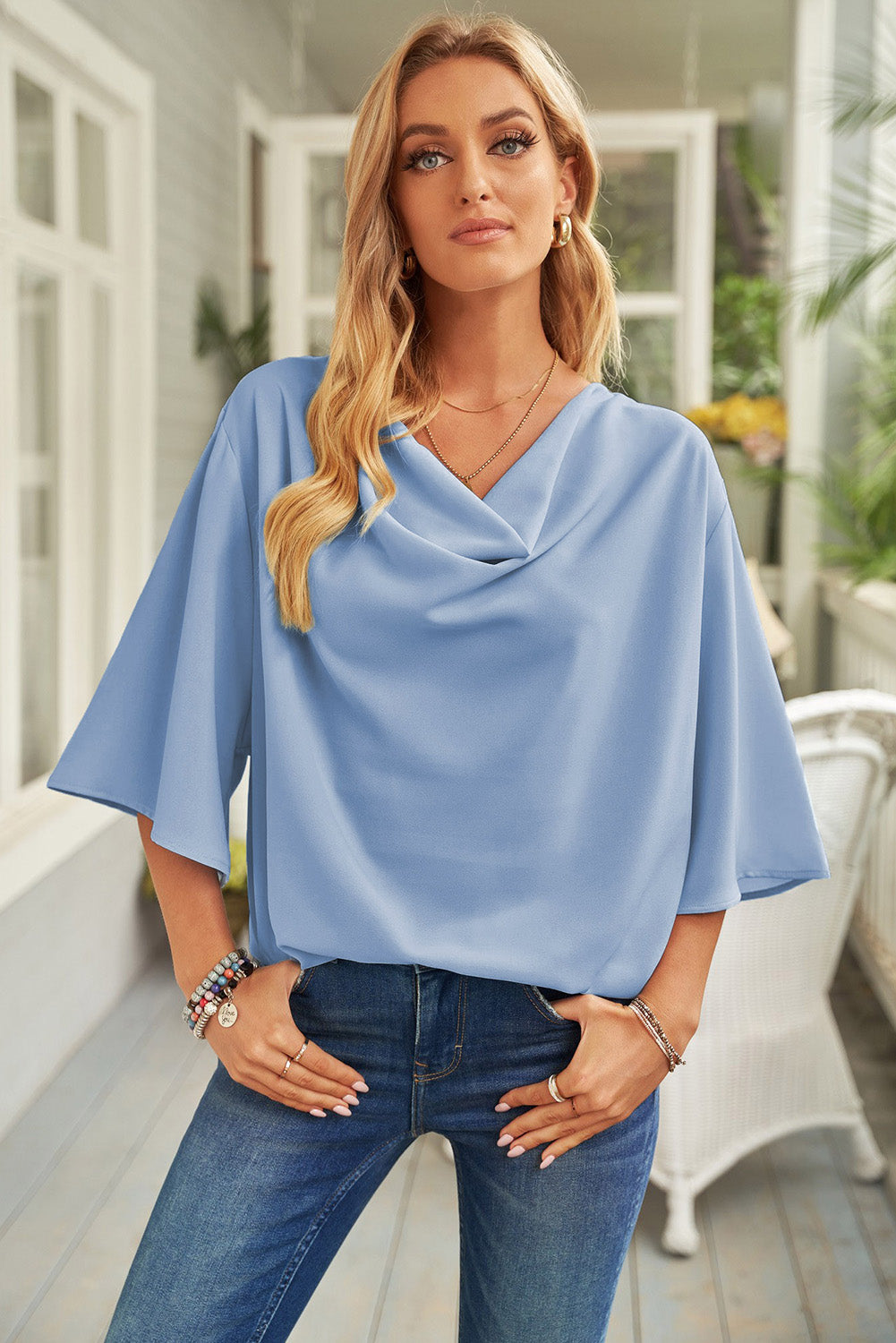 Short Sleeve Draped Blouse - Babbazon blouse