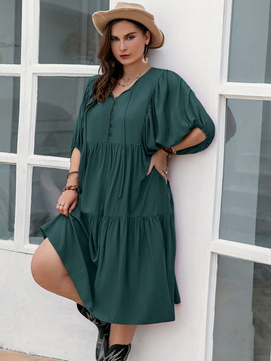 Plus Size Tie Neck Balloon Sleeve Midi Dress 