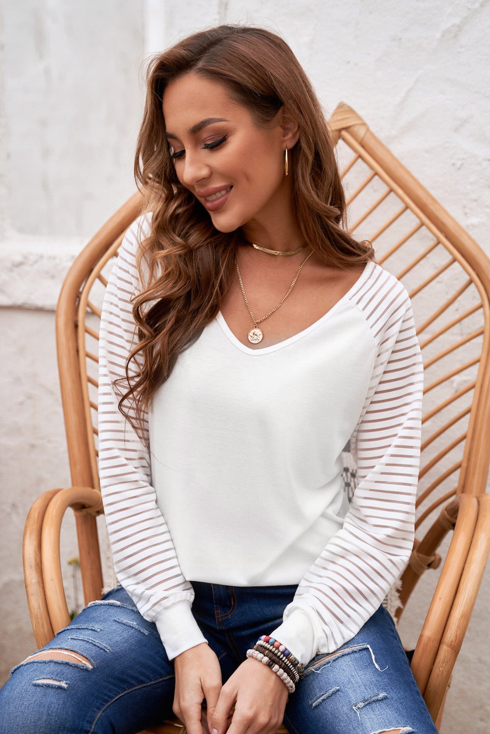 Sheer Striped V-Neck Top - Babbazon Tops