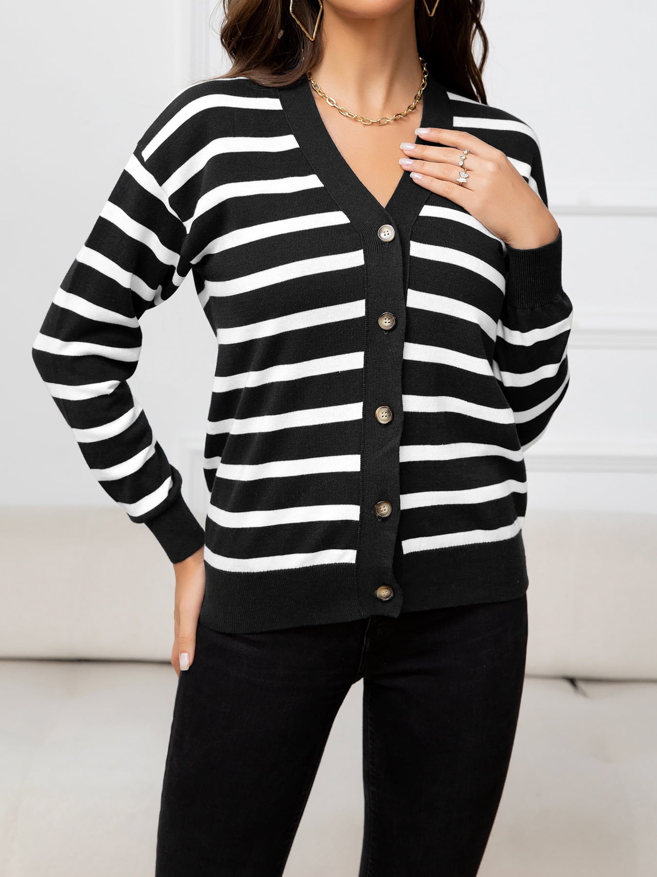 Striped Dropped Shoulder V-Neck Knit Top 