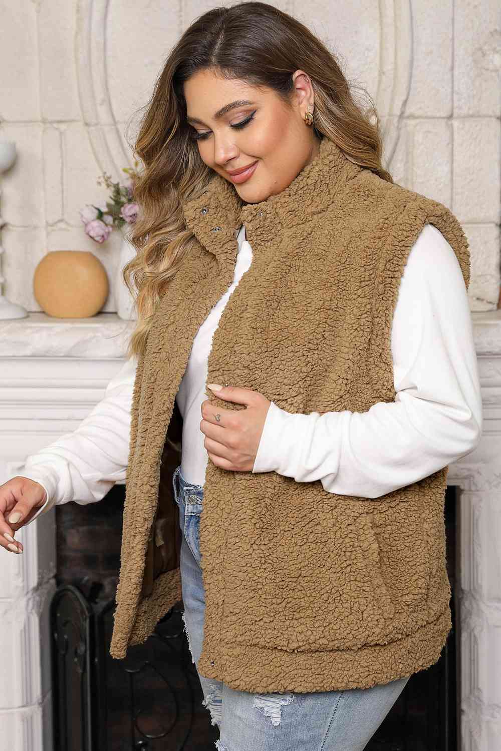 Plus Size Collared Neck Open Front Sweater Vest 