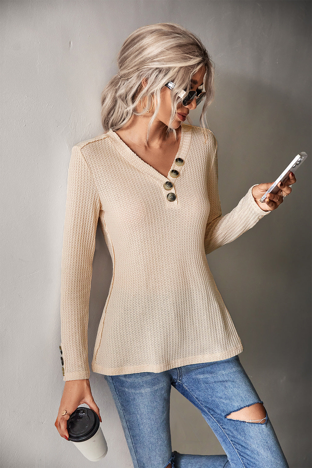 Waffle-Knit Button Detail V-Neck Top 