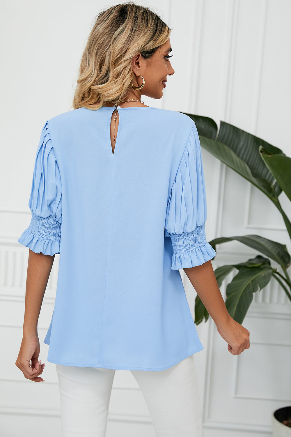 Frill Round Neck Lantern Sleeve T-Shirt 