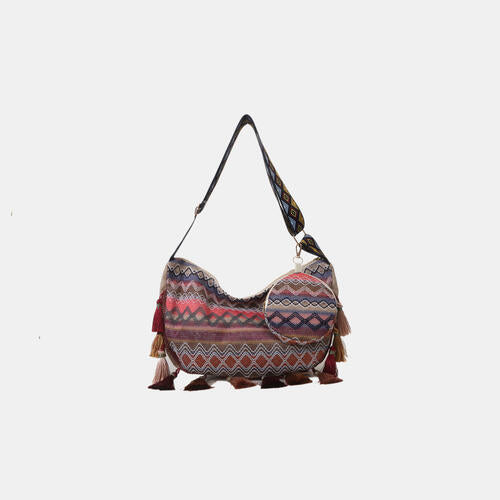 Printed Tassel Detail Crossbody Bag with Small Purse - Babbazon handbag