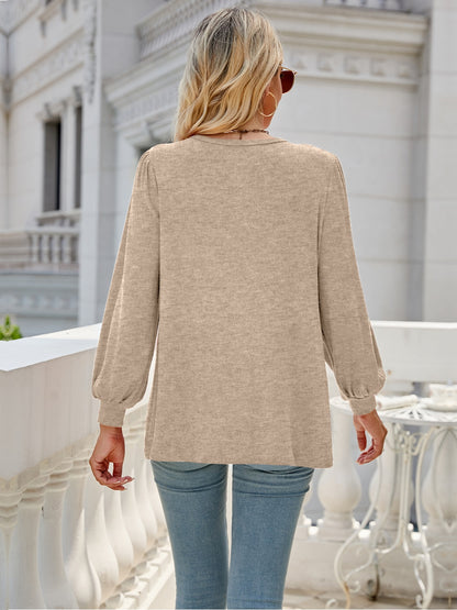 Heathered Round Neck Lantern Sleeve Blouse 