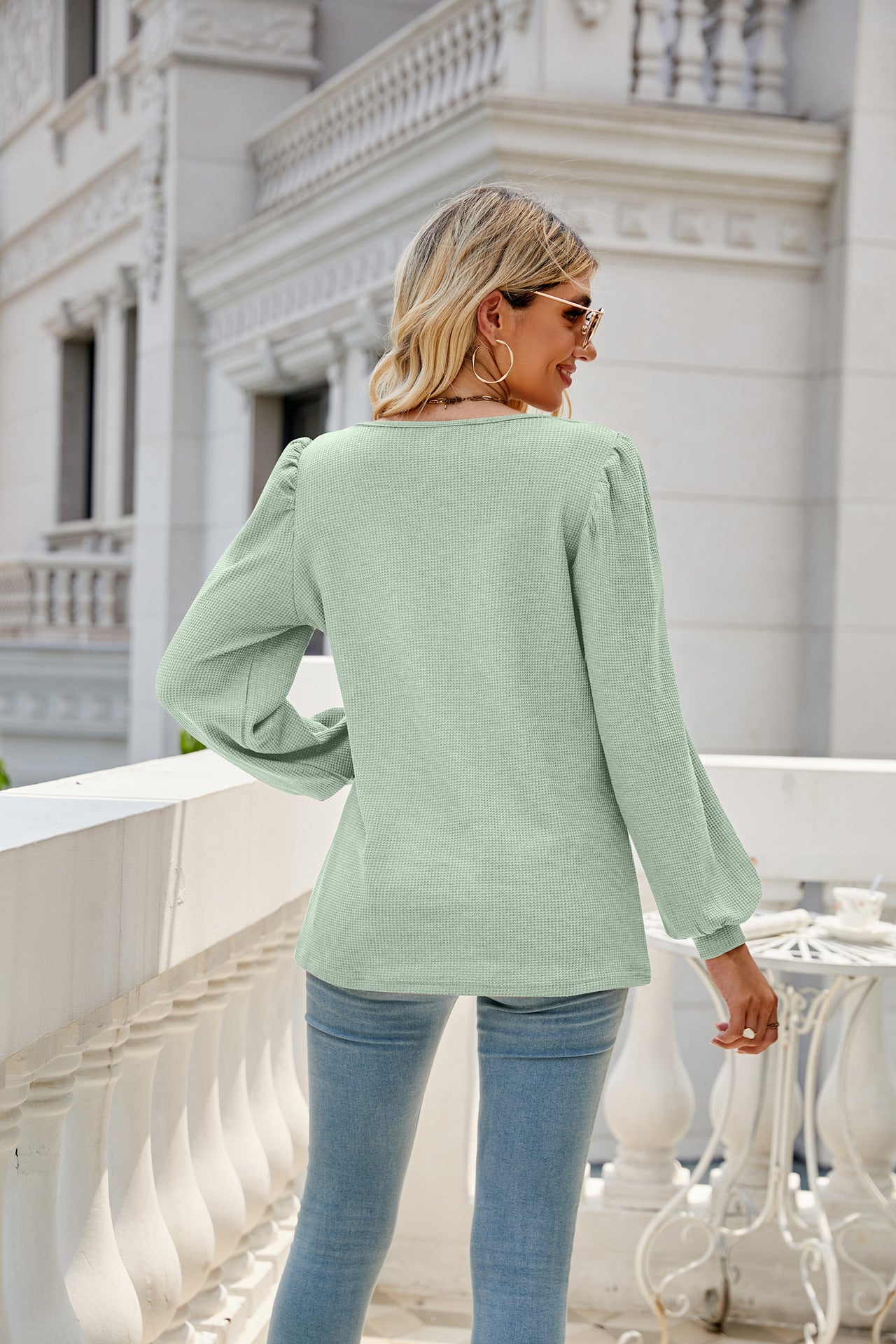 Waffle-Knit Puff Sleeve Square Neck Top 