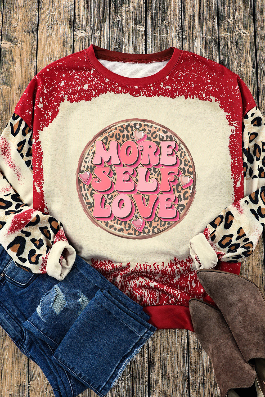 MORE SELF LOVE Leopard Round Neck Sweatshirt 