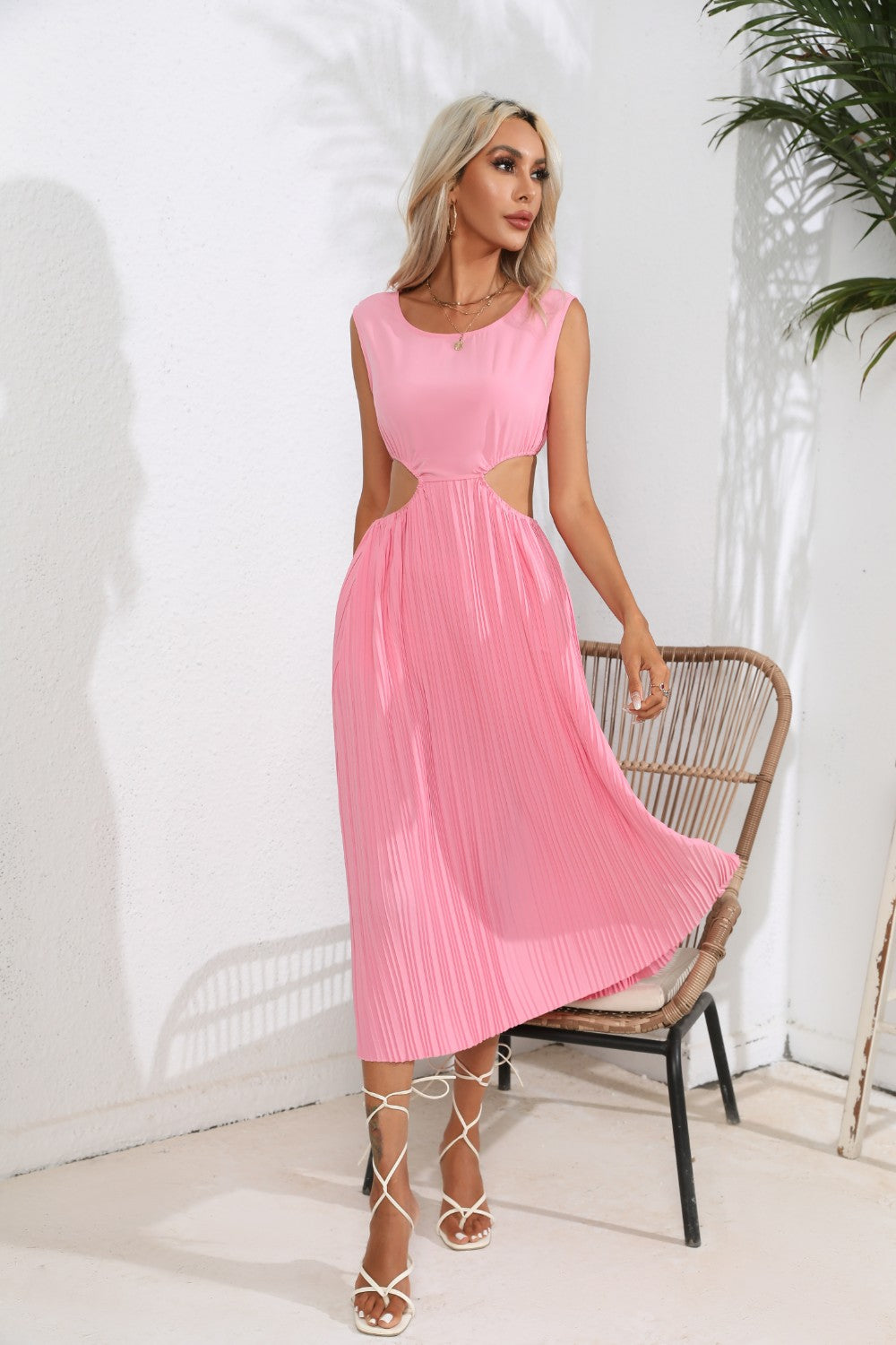 Cutout Ruched Round Neck Tank Dress 