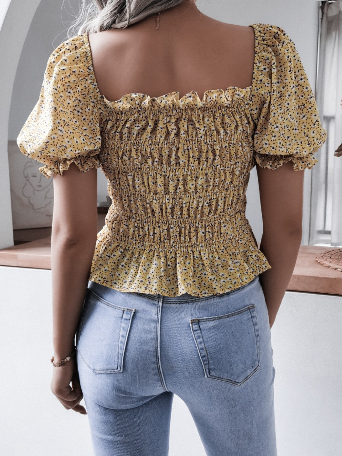 Frill Smocked Square Neck Short Sleeve Blouse 