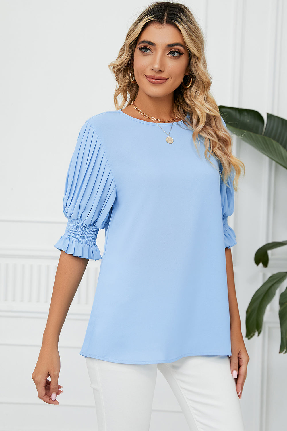 Frill Round Neck Lantern Sleeve T-Shirt 