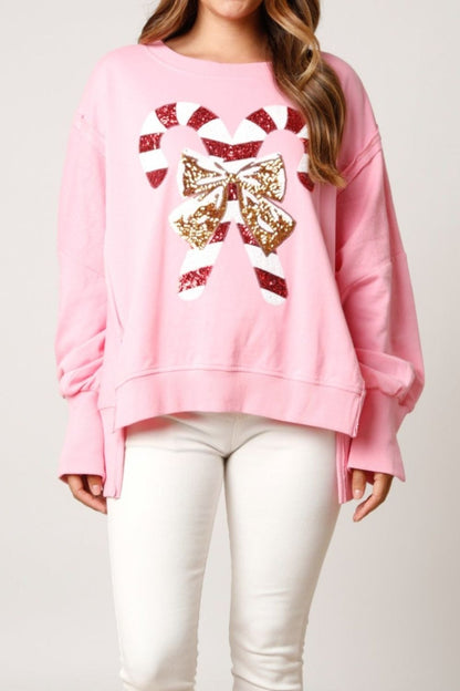 Candy Cane Slit Dropped Shoulder Sweatshirt 