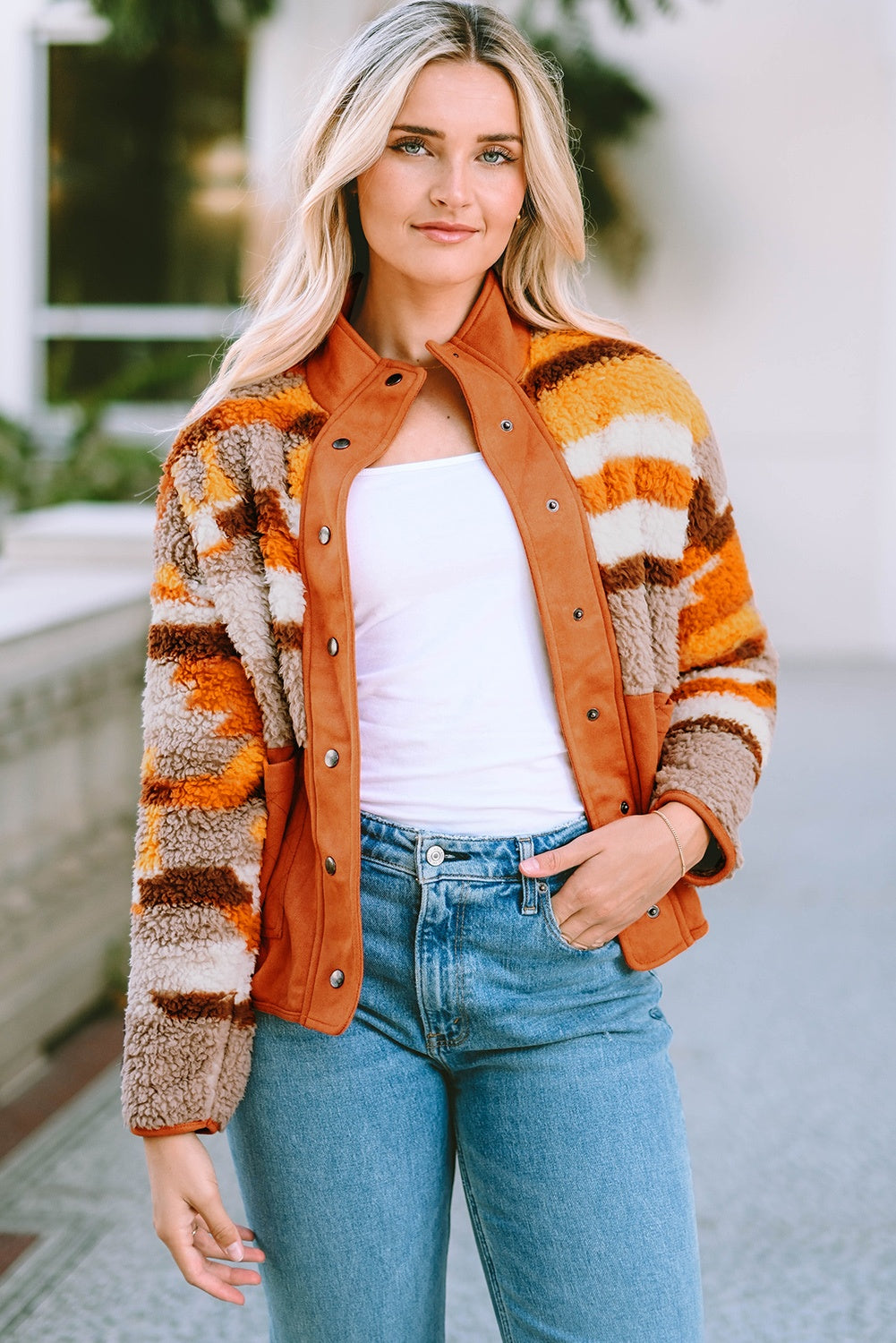 Fuzzy Contrast Snap Down Long Sleeve Jacket 