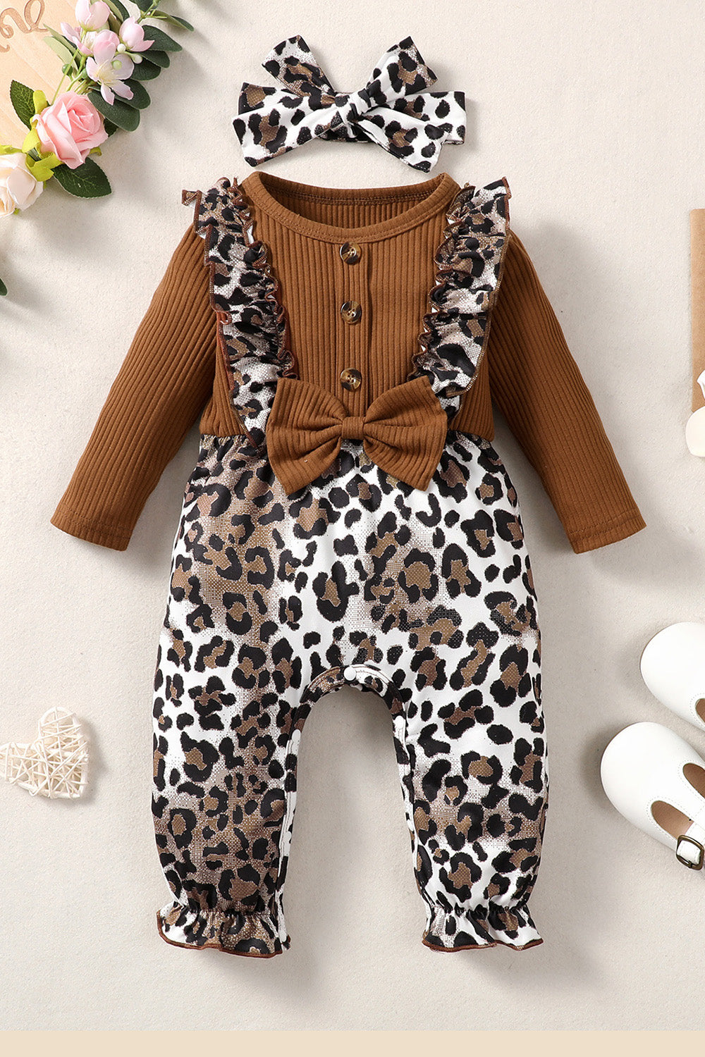 Leopard Bow Round Neck Long Sleeve Jumpsuit 